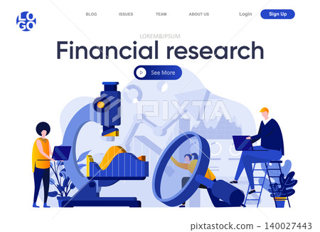 Financial research flat landing page. Team of business analysts carefully studying information with magnifying glass and microscope vector illustration. Web page composition with people characters. Financial research flat landing page. Team of business analysts carefully studying information with magnifying glass and microscope vector illustration. Web page composition with people characters. 140027443