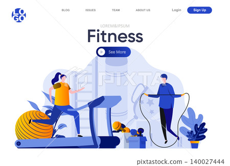Fitness flat landing page. Man jumping with rope, woman running on treadmill vector illustration. Training in gym, Sports activities and workout motivation web page composition with people characters Fitness flat landing page. Man jumping with rope, woman running on treadmill vector illustration. Training in gym, Sports activities and workout motivation web page composition with people characters 140027444