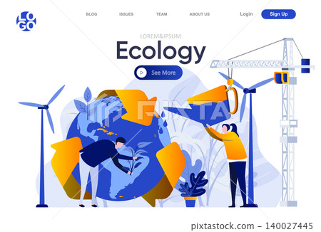 Ecology flat landing page. People planting trees and watering earth globe vector illustration. Global ecology and ecosystem safety, clean green energy web page composition with people characters. Ecology flat landing page. People planting trees and watering earth globe vector illustration. Global ecology and ecosystem safety, clean green energy web page composition with people characters. 140027445
