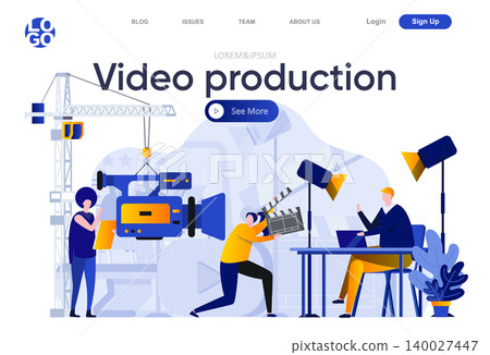 Video production flat landing page. Operator with video camera and assistant in studio vector illustration. Video production work team making video content web page composition with people characters Video production flat landing page. Operator with video camera and assistant in studio vector illustration. Video production work team making video content web page composition with people characters 140027447