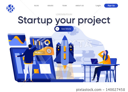 Startup your project flat landing page. Team of startup founders launching new project vector illustration. Innovation solution, business idea generation web page composition with people characters, Startup your project flat landing page. Team of startup founders launching new project vector illustration. Innovation solution, business idea generation web page composition with people characters, 140027458