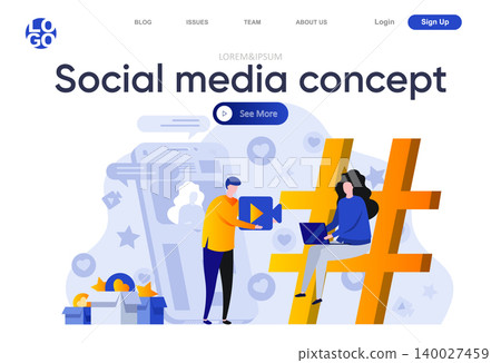 Social media concept flat landing page. Marketing team creating quality video content for social media vector illustration. Internet advertising promotion web page composition with people characters Social media concept flat landing page. Marketing team creating quality video content for social media vector illustration. Internet advertising promotion web page composition with people characters 140027459
