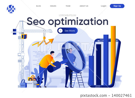 Seo optimization flat landing page. Analytics team carefully studying information with big magnifying glass vector illustration. Search engine optimization web page composition with people characters Seo optimization flat landing page. Analytics team carefully studying information with big magnifying glass vector illustration. Search engine optimization web page composition with people characters 140027461