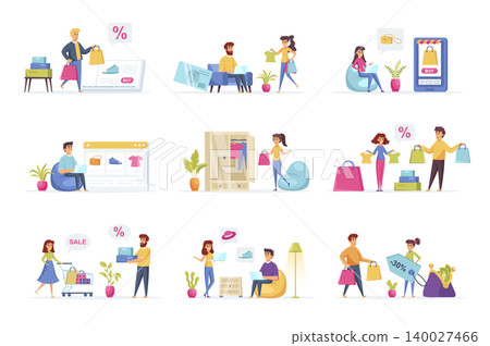 Shopping scenes bundle with people characters. People buy clothes, shoes and accessories, online order and delivery at home, discount marketplace situations. Internet shop flat vector illustration. Shopping scenes bundle with people characters. People buy clothes, shoes and accessories, online order and delivery at home, discount marketplace situations. Internet shop flat vector illustration. 140027466