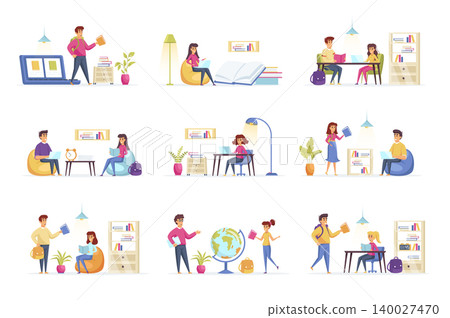 Education scenes bundle with people characters. Distance learning and self education, students study at home, read book in library situations. Online education platform flat vector illustration. 140027470