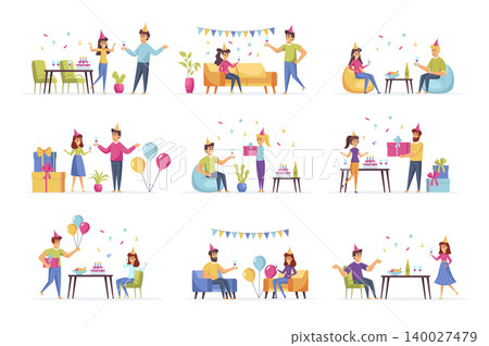 Party scenes bundle with people characters. Friends drinking and having fun together, congratulating and presenting gifts situations. Birthday party with festive decoration flat vector illustration. 140027479