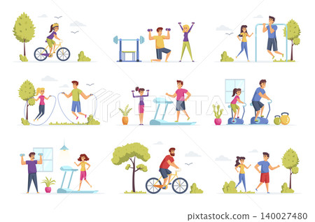Fitness scenes bundle with people characters. Young people running, jumping with rope, lifting dumbbells and riding bicycle outdoors situations. Sports activities and workout flat vector illustration. 140027480
