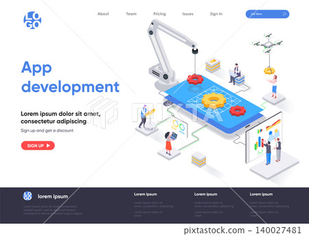 App development isometric landing page. UI UX design, prototyping, engineering and programming application. Digital technology isometry web page. Website vector illustration with people characters. 140027481