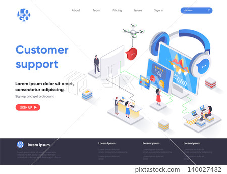 Customer support isometric landing page. Call center service, online assistance, hotline consultation and help chat isometry web page. Website flat template, vector illustration with people characters Customer support isometric landing page. Call center service, online assistance, hotline consultation and help chat isometry web page. Website flat template, vector illustration with people characters 140027482