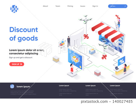 Discount of goods isometric landing page. Seasonal discounting and special offer, retail advertising and sale proposition isometry web page. Website flat vector illustration with people characters. Discount of goods isometric landing page. Seasonal discounting and special offer, retail advertising and sale proposition isometry web page. Website flat vector illustration with people characters. 140027485