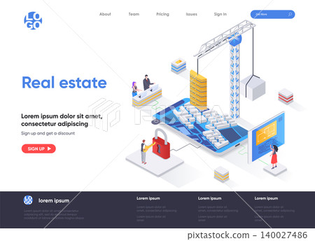Real estate isometric landing page. Residential and commercial real estate property, engineering and construction isometry web page. Website flat template, vector illustration with people characters. Real estate isometric landing page. Residential and commercial real estate property, engineering and construction isometry web page. Website flat template, vector illustration with people characters. 140027486