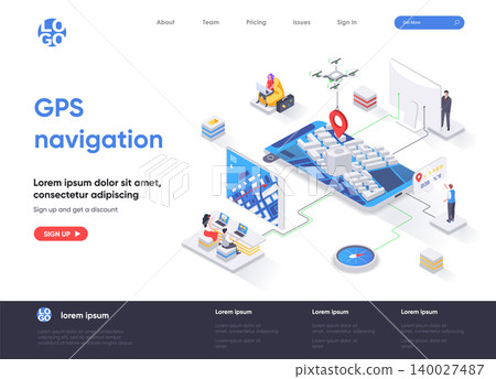 GPS navigation isometric landing page. Geolocation and navigation system, world orientation, route and direction isometry web page. Website flat template, vector illustration with people characters. 140027487