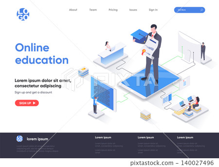 Online education isometric landing page. Distance learning service, professional courses and skills development isometry web page. Website flat template, vector illustration with people characters. Online education isometric landing page. Distance learning service, professional courses and skills development isometry web page. Website flat template, vector illustration with people characters. 140027496
