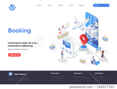 Booking isometric landing page. Travel application for ticket orders, hotel search, review and reservation isometry web page. Flight booking flat website. Vector illustration with people characters. Booking isometric landing page. Travel application for ticket orders, hotel search, review and reservation isometry web page. Flight booking flat website. Vector illustration with people characters. 140027503