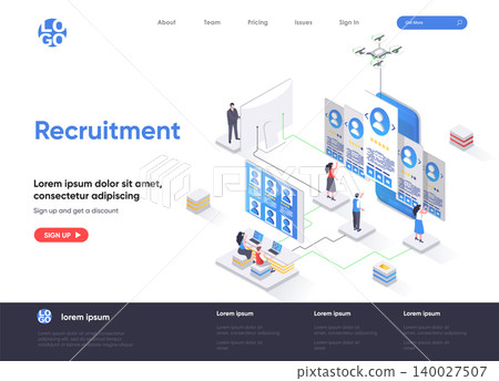 Recruitment isometric landing page. Human resource management and staff headhunting isometry web page. Website flat template. Studying resumes of candidates vector illustration with people characters. Recruitment isometric landing page. Human resource management and staff headhunting isometry web page. Website flat template. Studying resumes of candidates vector illustration with people characters. 140027507