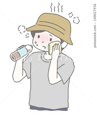 A man rehydrates and wipes away sweat in the hot summer. A man rehydrates and wipes away sweat in the hot summer. 140027556