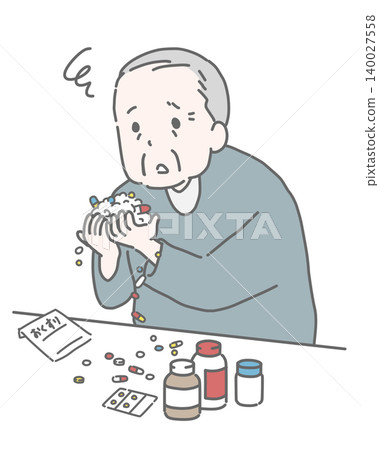 Elderly man bewildered by large quantity of medication Elderly man bewildered by large quantity of medication 140027558