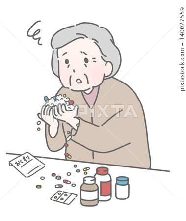 Elderly woman bewildered by large quantity of medication Elderly woman bewildered by large quantity of medication 140027559