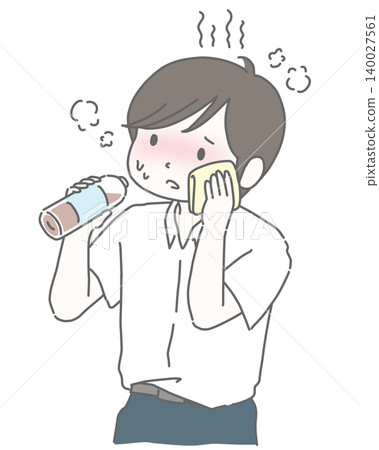 A man in a short-sleeved shirt rehydrates in the hot summer. A man in a short-sleeved shirt rehydrates in the hot summer. 140027561