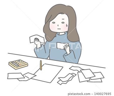 A woman despairs over organizing receipts for her tax return. A woman despairs over organizing receipts for her tax return. 140027695