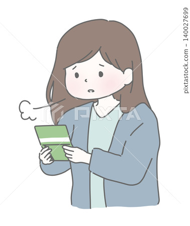 一位女士看著她的存摺嘆了口氣。 一位女士看著她的存摺嘆了口氣。 140027699