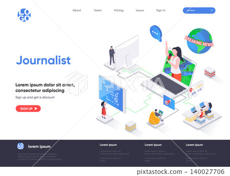 Journalist isometric landing page. Breaking news reportage, online interview, tv broadcasting, live press release isometry web page. Website flat template, vector illustration with people characters. Journalist isometric landing page. Breaking news reportage, online interview, tv broadcasting, live press release isometry web page. Website flat template, vector illustration with people characters. 140027706