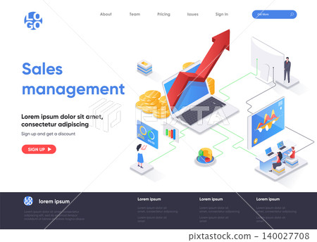 Sales management isometric landing page. Developing sales force, coordinating sales operations and data analysis isometry web page. Website flat template, vector illustration with people characters. 140027708