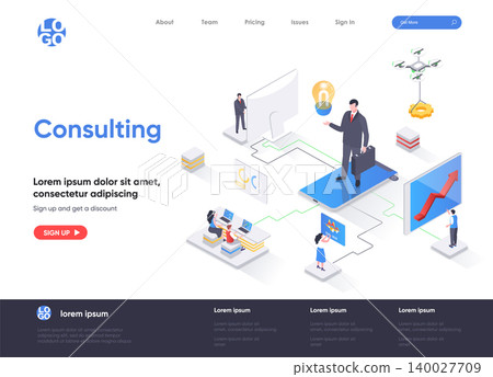 Consulting isometric landing page. Competent business expertise and law assistance, financial audit and accounting isometry web page. Website flat template, vector illustration with people characters. Consulting isometric landing page. Competent business expertise and law assistance, financial audit and accounting isometry web page. Website flat template, vector illustration with people characters. 140027709