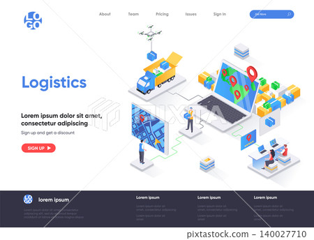 Logistics isometric landing page. Express delivery service, global freight shipping, warehousing and distribution isometry web page. Website flat template, vector illustration with people characters. Logistics isometric landing page. Express delivery service, global freight shipping, warehousing and distribution isometry web page. Website flat template, vector illustration with people characters. 140027710