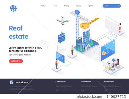 Real estate isometric landing page. Real estate engineering and construction company, buy, rent and mortgage services isometry web page. Website template, vector illustration with people characters. Real estate isometric landing page. Real estate engineering and construction company, buy, rent and mortgage services isometry web page. Website template, vector illustration with people characters. 140027715
