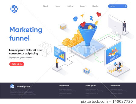 Marketing funnel isometric landing page. Marketing research and strategy planning, attraction of new customers isometry web page. Website flat template, vector illustration with people characters. Marketing funnel isometric landing page. Marketing research and strategy planning, attraction of new customers isometry web page. Website flat template, vector illustration with people characters. 140027720