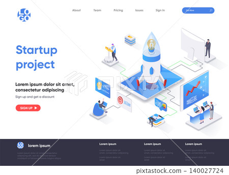 Startup project isometric landing page. Team of startup founders launching new project isometry web page. Innovation solution development website template, vector illustration with people characters. Startup project isometric landing page. Team of startup founders launching new project isometry web page. Innovation solution development website template, vector illustration with people characters. 140027724