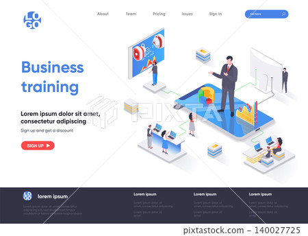 Business training isometric landing page. Business education, career development course, motivation and mentoring isometry web page. Website flat template, vector illustration with people characters. 140027725