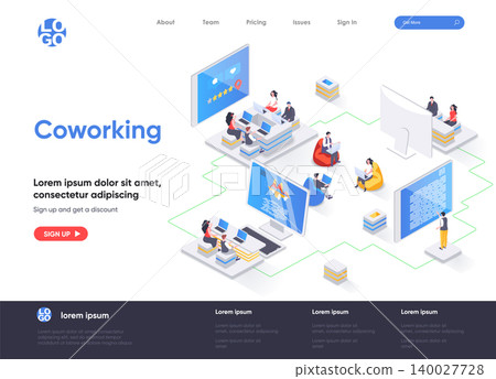 Coworking space isometric landing page. Freelancers working with laptops, business team together in coworking area isometry web page. Website flat template, vector illustration with people characters. Coworking space isometric landing page. Freelancers working with laptops, business team together in coworking area isometry web page. Website flat template, vector illustration with people characters. 140027728