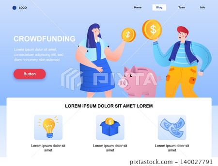 Crowdfunding flat landing page. Sponsors investing money into piggy bank web page. Colorful composition with people characters, vector illustration. Fundraising, sponsorship and money donation concept Crowdfunding flat landing page. Sponsors investing money into piggy bank web page. Colorful composition with people characters, vector illustration. Fundraising, sponsorship and money donation concept 140027791