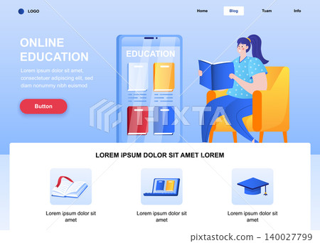 Online education flat landing page. Woman reading book in armchair web page. Colorful composition with people character, vector illustration. Distance learning, online library mobile app concept. Online education flat landing page. Woman reading book in armchair web page. Colorful composition with people character, vector illustration. Distance learning, online library mobile app concept. 140027799