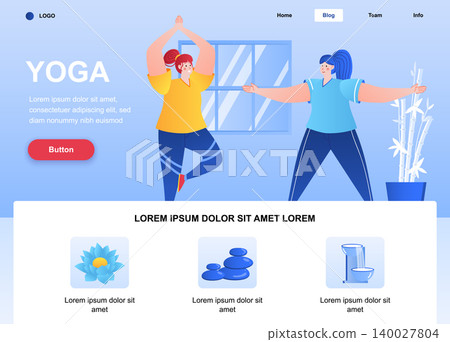 Yoga flat landing page. Young women practicing yoga asanas web page. Colorful composition with people characters, vector illustration. Calmness and relax, sports activities and wellness concept. 140027804