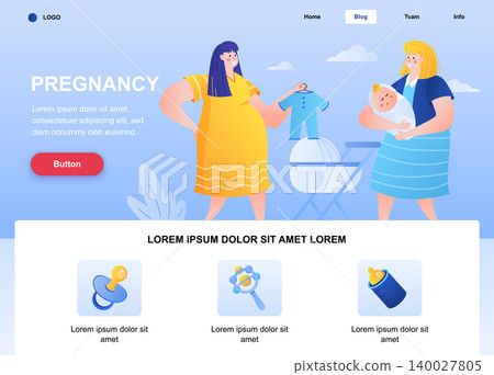 Pregnancy flat landing page. Pregnant woman and young mom with baby web page. Colorful composition with people characters, vector illustration. Motherhood and childhood, prenatal expectation concept 140027805