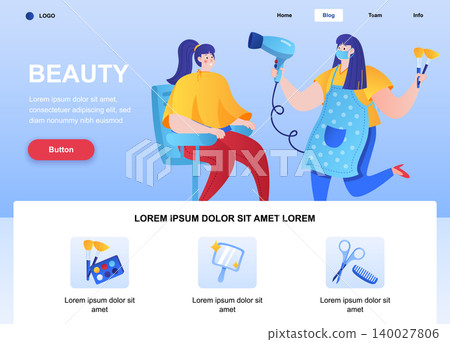 Beauty flat landing page. Hairdresser makes hairstyle for young woman in beauty salon web page. Colorful composition with people characters, vector illustration. Beauty care and cosmetology concept Beauty flat landing page. Hairdresser makes hairstyle for young woman in beauty salon web page. Colorful composition with people characters, vector illustration. Beauty care and cosmetology concept 140027806