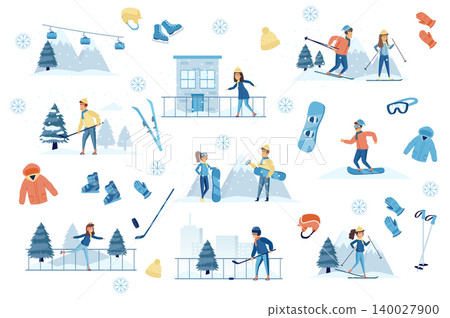 Winter sports bundle of flat scenes. People play hockey, skating and skiing isolated set. Skis, skates, snowboard, hockey stick and sportswear elements. Wintertime vacation cartoon vector illustration Winter sports bundle of flat scenes. People play hockey, skating and skiing isolated set. Skis, skates, snowboard, hockey stick and sportswear elements. Wintertime vacation cartoon vector illustration 140027900
