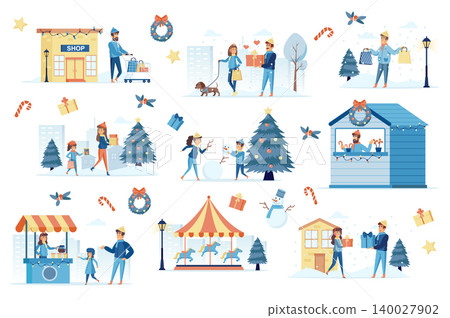 Winter festival bundle of flat scenes. Festive carnival, amusement fair isolated set. Carousel, candy shop, snowman and gifts elements. Family shopping and play outdoor cartoon vector illustration. Winter festival bundle of flat scenes. Festive carnival, amusement fair isolated set. Carousel, candy shop, snowman and gifts elements. Family shopping and play outdoor cartoon vector illustration. 140027902