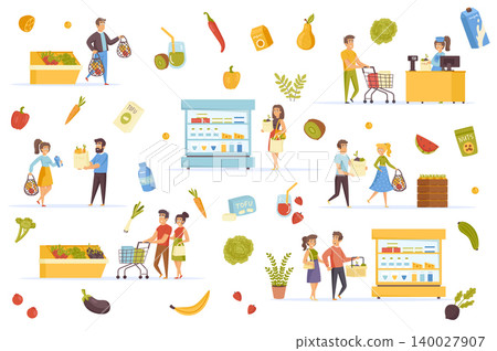 Vegan food bundle of flat scenes. People buying eco products in shop isolated set. Fresh fruits and vegetables, dairy products, buyers with bags elements. Healthy food cartoon vector illustration. 140027907