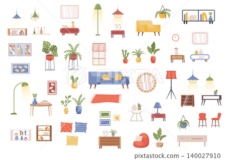 Interior decor bundle of flat scenes. House interior objects isolated set. Flower pot, armchair, bed, lamp, wardrobe, couch, mirror, clock, vase elements. Home furniture cartoon vector illustration. Interior decor bundle of flat scenes. House interior objects isolated set. Flower pot, armchair, bed, lamp, wardrobe, couch, mirror, clock, vase elements. Home furniture cartoon vector illustration. 140027910