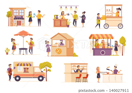 Family business bundle of flat scenes. Street cafe, fast food restaurant isolated set. Food truck, menu, coffee and pizza sale, barista, chef elements. Small business cartoon vector illustration. Family business bundle of flat scenes. Street cafe, fast food restaurant isolated set. Food truck, menu, coffee and pizza sale, barista, chef elements. Small business cartoon vector illustration. 140027911