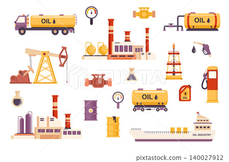 Oil industry bundle of flat scenes. Fuel production isolated set. Drilling rig, factory, oil tanker ship, fuel truck, tank car, pumpjack, gas station, barrel elements. Cartoon vector illustration. Oil industry bundle of flat scenes. Fuel production isolated set. Drilling rig, factory, oil tanker ship, fuel truck, tank car, pumpjack, gas station, barrel elements. Cartoon vector illustration. 140027912