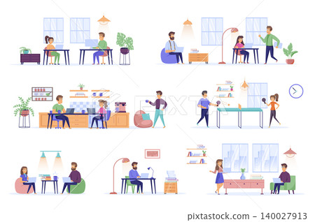 Coworking space bundle of flat scenes. Open office workplace isolated set. Freelancer, developer, desk, computer, window, ping pong game elements. Modern workspace area cartoon vector illustration. Coworking space bundle of flat scenes. Open office workplace isolated set. Freelancer, developer, desk, computer, window, ping pong game elements. Modern workspace area cartoon vector illustration. 140027913