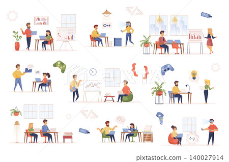 Development company bundle of flat scenes. Workflow process isolated set. Developers, furniture, presentation, discussion project, programming elements. Software production cartoon vector illustration 140027914