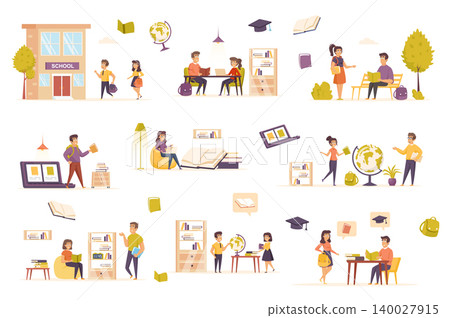 Distance learning bundle of flat scenes. Self education isolated set. student, library, globe, bookshelf, furniture, school building, pupil, laptop elements. Reading books cartoon vector illustration. Distance learning bundle of flat scenes. Self education isolated set. student, library, globe, bookshelf, furniture, school building, pupil, laptop elements. Reading books cartoon vector illustration. 140027915