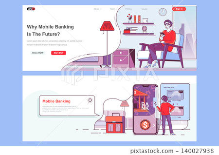 Mobile banking landing pages set. Money transaction, manage and payment corporate website. Flat line vector illustration with people characters. Web concept use as header, footer or middle content. Mobile banking landing pages set. Money transaction, manage and payment corporate website. Flat line vector illustration with people characters. Web concept use as header, footer or middle content. 140027938