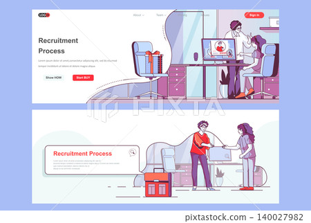Recruitment process landing pages. HR managers, staff headhunting agency corporate website. Flat line vector illustration with people characters. Web concept use as header, footer or middle content. Recruitment process landing pages. HR managers, staff headhunting agency corporate website. Flat line vector illustration with people characters. Web concept use as header, footer or middle content. 140027982